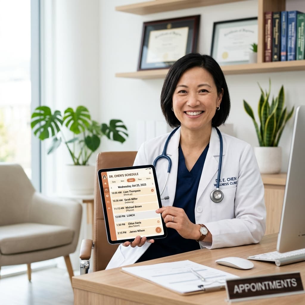 Doctor en consultorio usando tablet con interfaz limpia